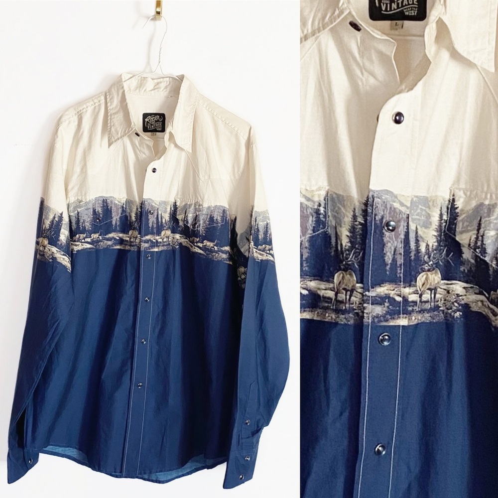 Roper Western Pearl Snap Casual Button Down Shirt Mountains Trees Rodeo size L